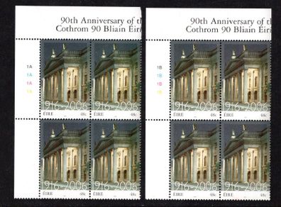 2006 Ireland 90th Anniversary of the 1916 Easter Rising Commemorative Stamps Plate Blocks 1A1A1A1A & 1B1B1B1B Mint Never Hinged (MNH)