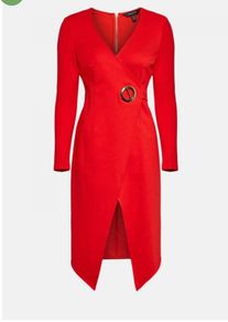 NWT Karen Millen Bright Poppy Red Strong Shoulder Eyelet Ponte Dress