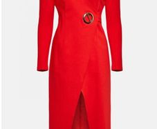 NWT Karen Millen Bright Poppy Red Strong Shoulder Eyelet Ponte Dress