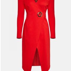 NWT Karen Millen Bright Poppy Red Strong Shoulder Eyelet Ponte Dress