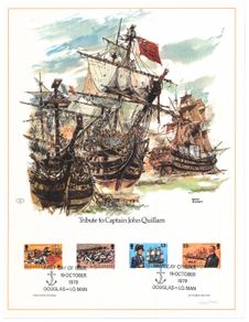 1979 Isle of Man Limited Edition Lithographed Print measuring 333mm X 257mm showing 150th Death Anniversary of Captain John Quilliam 1771-1829 Commemorative Stamps with First Day of Issue Cancel
