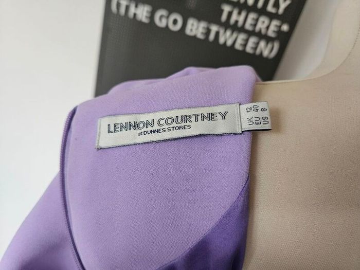 Lennon Courtney lilac purple shift dress yellow stitching fluted sleeves 10 12