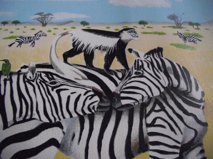 E.B. Watts - Ltd. Edition Print - 39/200 - Zebras and Colobus Monkeys - 20th Century