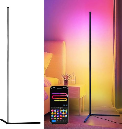 LuminexDesigns LED Corner Floor Lamp Colour Changing  Smart RGBIC Standing Lamp Black 150cm Dimmable Alexa Remote App Control Modern Mood Ambient Light Bar Music Sync for Living Room Bedroom Party TV