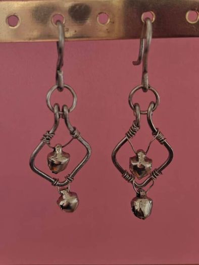 Stainless Steel Earrings with Bells, Handmade Wire Art, Geometric Dangles