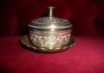 Vintage Brass Ornamental Indian Spice Jar with Silver Plated Inlay& Tray Stand