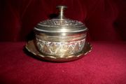 Vintage Brass Ornamental Indian Spice Jar with Silver Plated Inlay&amp; Tray Stand
