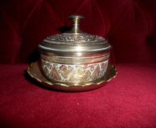 Vintage Brass Ornamental Indian Spice Jar with Silver Plated Inlay& Tray Stand