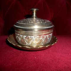 Vintage Brass Ornamental Indian Spice Jar with Silver Plated Inlay& Tray Stand