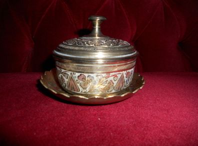 Vintage Brass Ornamental Indian Spice Jar with Silver Plated Inlay& Tray Stand