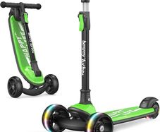 Kids Scooter - Big Wheels Foldable Kick Scooter with Flashing LED Lights for Boys Girls, 4 Levels Height Adjustable, 3 Wheel Scooter for Kids Ages 3-10 with Safe Lean to Steer Design
