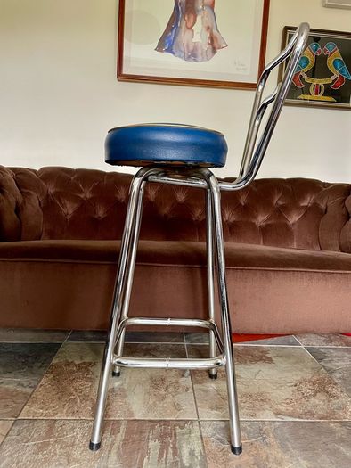 Mid 1959s Art Deco Inspired Chrome Bar Stool with Original Seat Top