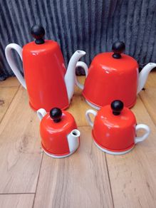 Vintage Art Deco Orange - White Pottery Coffee / Teapot  Set