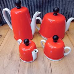 Vintage Art Deco Orange - White Pottery Coffee / Teapot  Set