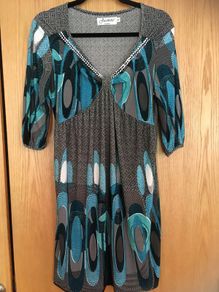 JASMINE LONDON Retro Print Dress   Teal Empire Style Top