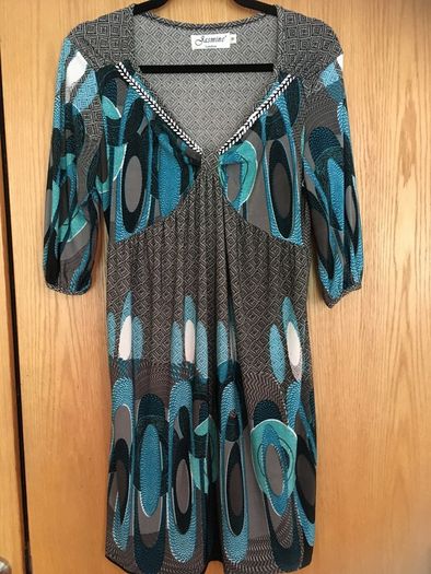 JASMINE LONDON Retro Print Dress   Teal Empire Style Top
