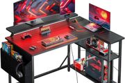 L Shaped Gaming Desk with LED Lights &amp; Power Outlets, 100 x 80cm Small Corner