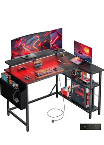 L Shaped Gaming Desk with LED Lights & Power Outlets, 100 x 80cm Small Corner