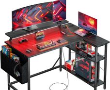 L Shaped Gaming Desk with LED Lights & Power Outlets, 100 x 80cm Small Corner