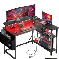 L Shaped Gaming Desk with LED Lights & Power Outlets, 100 x 80cm Small Corner