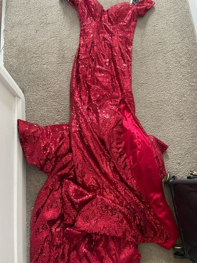 Red sequin off shoulder debs dress