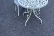 Alloy table and two chairs one arm missing on one chair