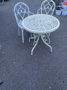 Alloy table and two chairs one arm missing on one chair