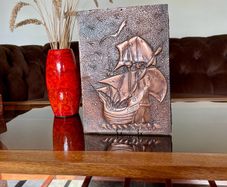 Vintage Hand Hammered Copper Wall Art Gallion Ship with Seagulls