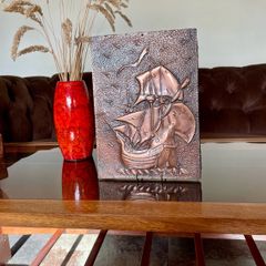 Vintage Hand Hammered Copper Wall Art Gallion Ship with Seagulls