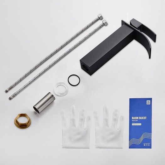 Waterfall High Rise Black Basin Mixer Taps, Square Monobloc Basin Tap, Single Handle Bathroom Sink Mixer Tap
