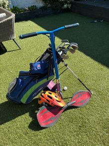 Kids golf bag and clubs , scooter , helmet and ripstick