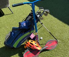 Kids golf bag and clubs , scooter , helmet and ripstick