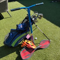 Kids golf bag and clubs , scooter , helmet and ripstick