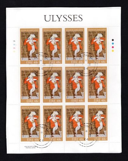 2004 Ireland James Joyce Centenary of Leopold Bloom's Adventure Ulysses Stamp Sheetlet Plate 1A1A1A1A Fine CDS Used with Dublin cancel of 16th June 2004 (First day of issued) on envelope extra