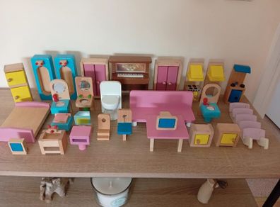 Large Collection of Wooden Dolls house furniture mostly large scale job lot