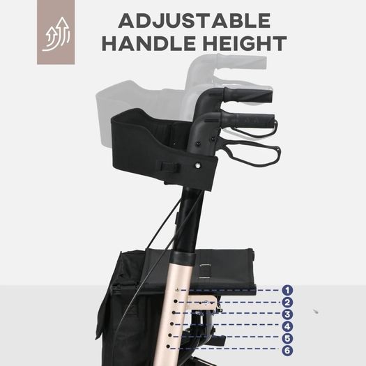 Wheel Rollator with Seat and Back, Folding Mobility Walker with Carry Bag, Adjustable Height, Dual Brakes, Cane Holder, Lightweight Aluminium Walking Frame for Seniors and Disabled, Gold Tone