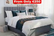 New Grey Plush Velvet Divan Base, Headboard &amp; Mattress