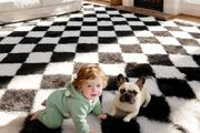 160x230cm Black and White Large Shaggy Rug Ultra Soft Fluffy Area Rug, Non Shedding with Anti Slip Backing, for Bedroom, Kids Nursery Room