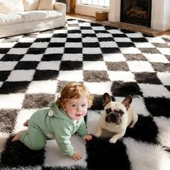 160x230cm Black and White Large Shaggy Rug Ultra Soft Fluffy Area Rug, Non Shedding with Anti Slip Backing, for Bedroom, Kids Nursery Room