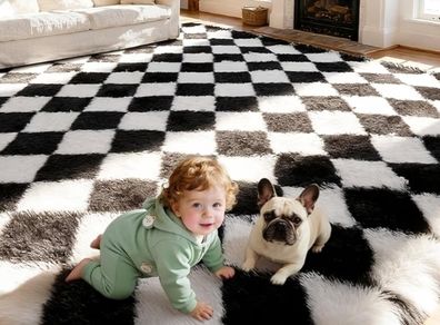 160x230cm Black and White Large Shaggy Rug Ultra Soft Fluffy Area Rug, Non Shedding with Anti Slip Backing, for Bedroom, Kids Nursery Room