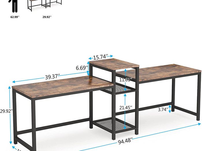 _Two-person desk with storage compartments, 94 inch extra-long double computer table with printer stand, bookshelf, large double workstation, home office table, desk