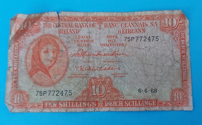 Irish 1968 X 2 Lavery ten shilling banknote in used condition