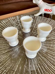 4 x Rare Vintage Arc Arcopal France Iridescent Milk Glass Egg Holder Cup White Art Deco Style Swirl Design