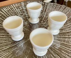 4 x Rare Vintage Arc Arcopal France Iridescent Milk Glass Egg Holder Cup White Art Deco Style Swirl Design