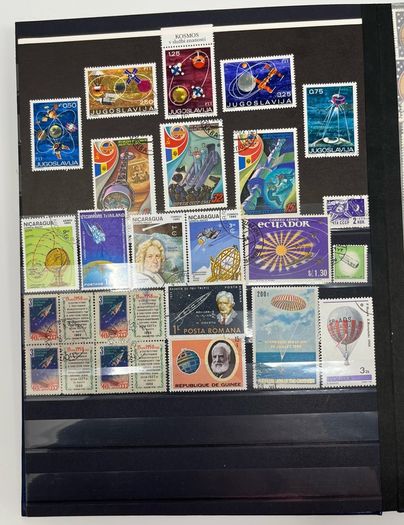 Ace Black 32 page/ 16 leaf Stamp Album with over 900 stamps. Thematic of Animals, Plants, Classic Cars, Space, Trains, Sport & Disney noted.