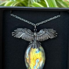Powerful High Quality Spectoralite Labradorite Crystal And Raven Soldered Amulet Talisman Chain