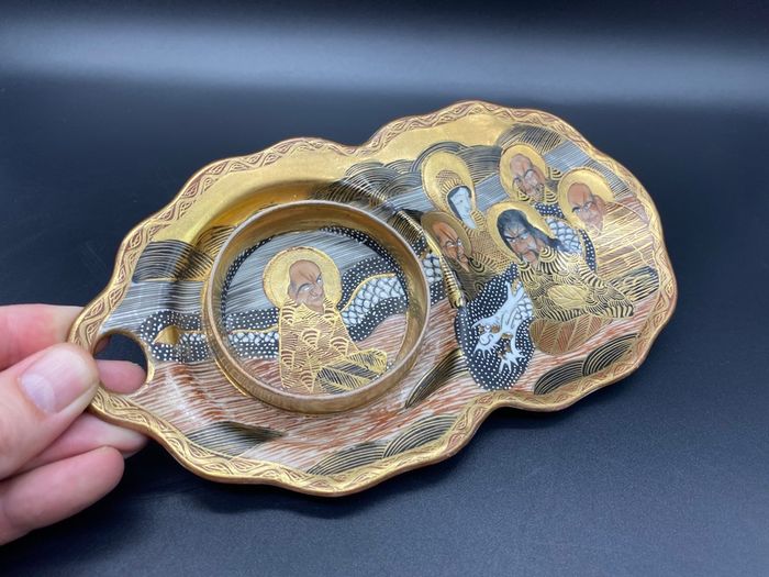 Japanese Satsuma Porcelain Unusual Cup Holder Dish