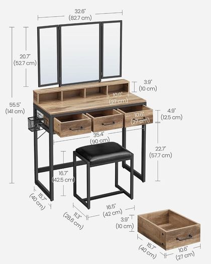 Dressing Table with Mirror and Stool, Vanity Table with Tri-Fold Mirror, 3 Drawers, Hair Dryer Holder