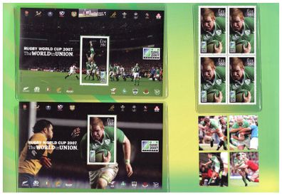 2007 Ireland Rugby World Cup Stamp Presentation Pack. Pack includes block of 4 of each stamp, First day cover and both miniature sheets.