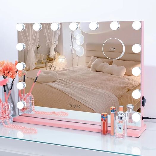 Hollywood Make-Up Mirror with Lights, Hollywood Makeup Mirror with 15 Dimmable Bulbs, Touchscreen Mirror with USB Table Top Mirror with 3 Colour Modes, Removable 10 x Magnifying Glass, Pink